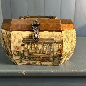 Vintage 1960/70’s  Anton Pieck Wooden Decopage Octagon Box Purse W/ Brass Handle